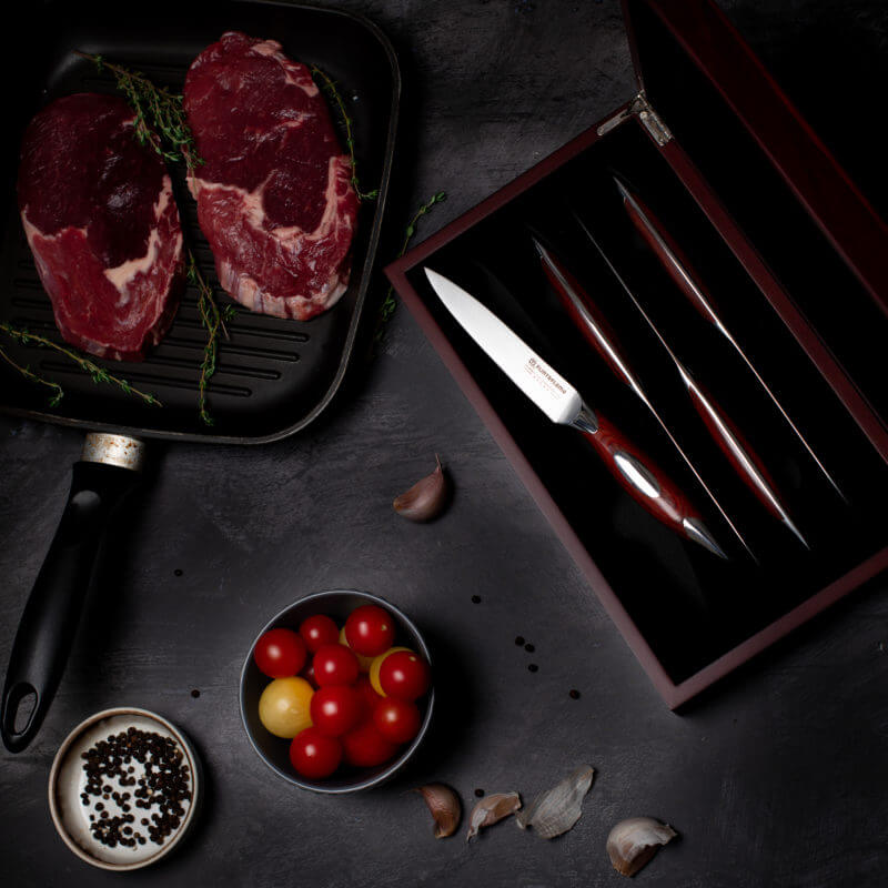 Flint & Flame 4-Piece Steak Knife Set in Wooden Gift Box