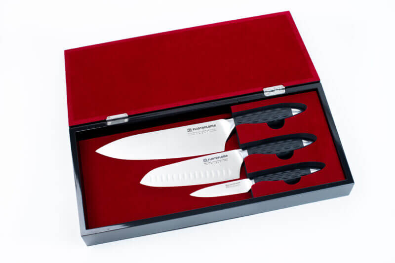 Flint & Flame Pro Series 3 piece knife set in a black piano wood gift box