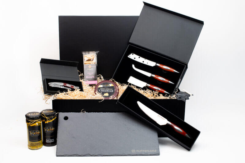 Flint & Flame gift hamper with cheese knives, slate board and accompaniments